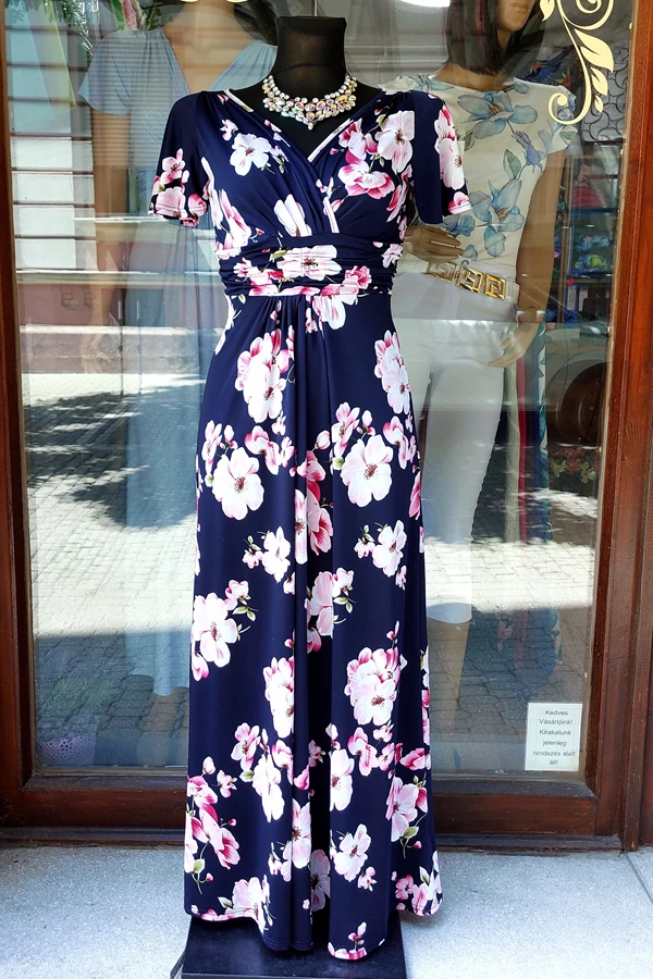 Elegáns sötétkék rózsaszín virágmintás pille ujjú nyári alkalmi maxi  ruha Elegáns sötétkék rózsaszín virágmintás pille ujjú nyári alkalmi maxi  ruha