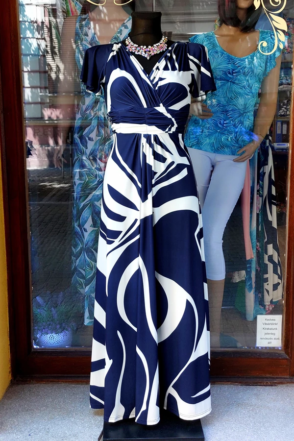 Elegáns sötétkék absztrakt mintás pille ujjú nyári alkalmi maxi  ruha Elegáns sötétkék absztrakt mintás pille ujjú nyári alkalmi maxi  ruha
