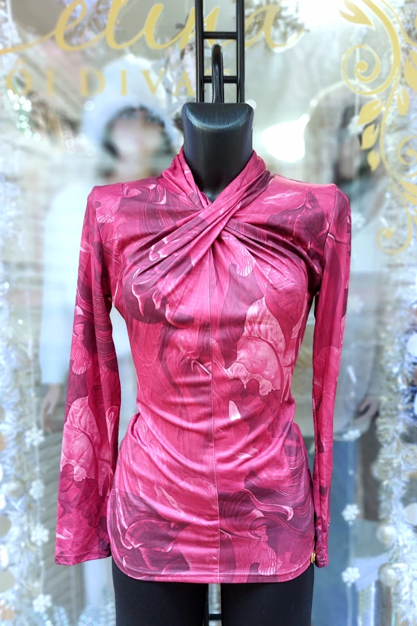 Bordó mintás elegáns alkami átlapolt nyakú női felső