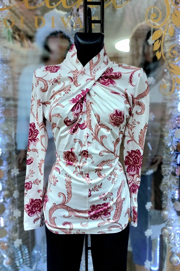 Bordó mintás elegáns alkami átlapolt nyakú női felső