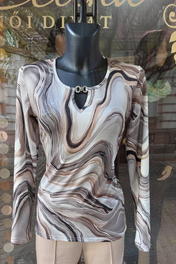 Ezüst csillogó mintás női barna szürke, beige mintás alkalmi elegáns felső