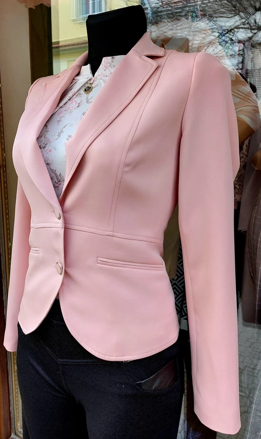 Elegáns karcsúsított diszzsebes galléros bélelt barackrózsaszín színű gombos női blézer