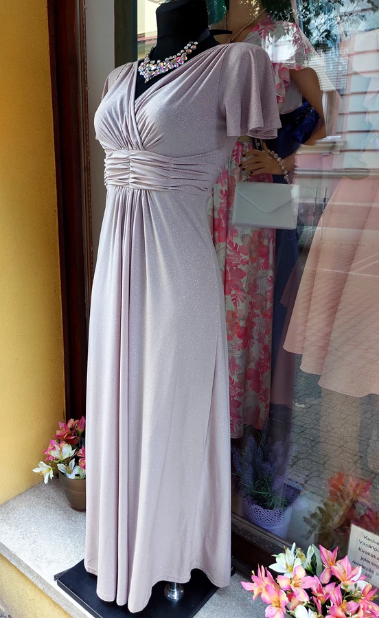 Elegáns csillámló beige pille ujjú maxi alkalmi női ruha