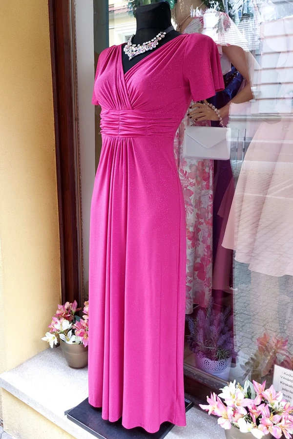 Elegáns csillámló pink pille ujjú maxi alkalmi női ruha