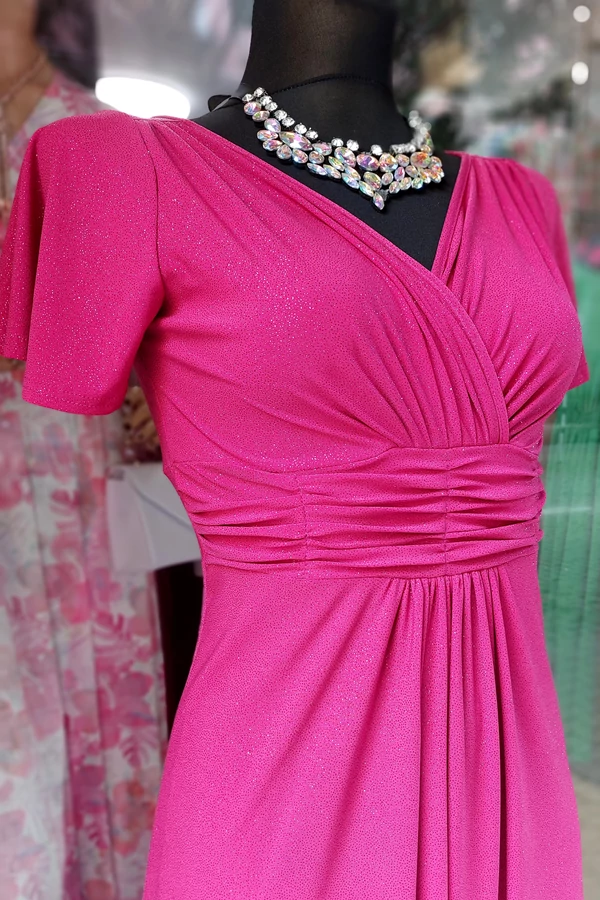 Elegáns csillámló pink pille ujjú maxi alkalmi női ruha
