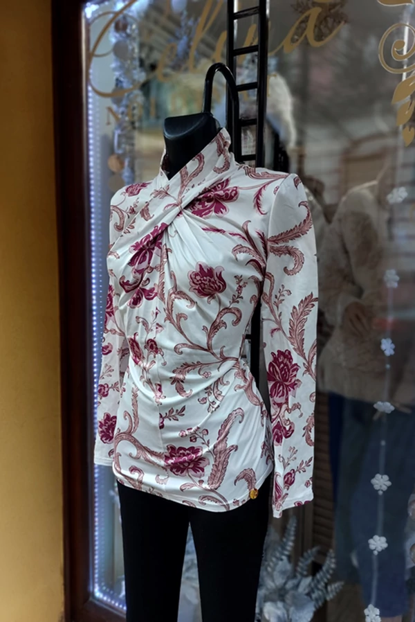 Bordó mintás elegáns alkami átlapolt nyakú női felső