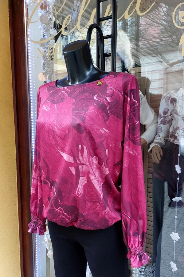 Bordó mintás női elegáns, alkalmi ünnepi felső, gumis aljú, fodros ujjú,