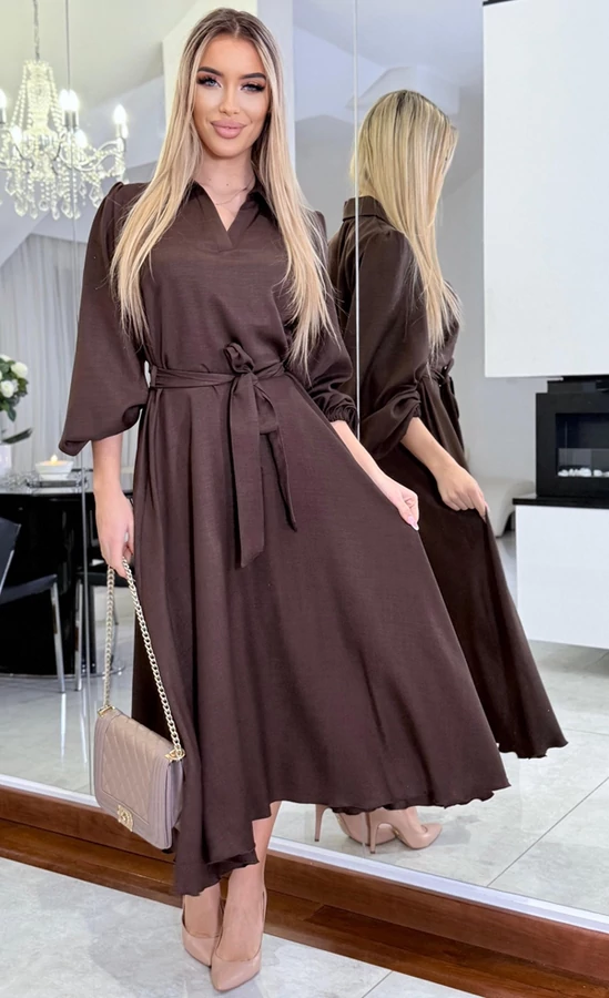 Barna loknis, elegáns alkalmi női ruha, derekán kötővel