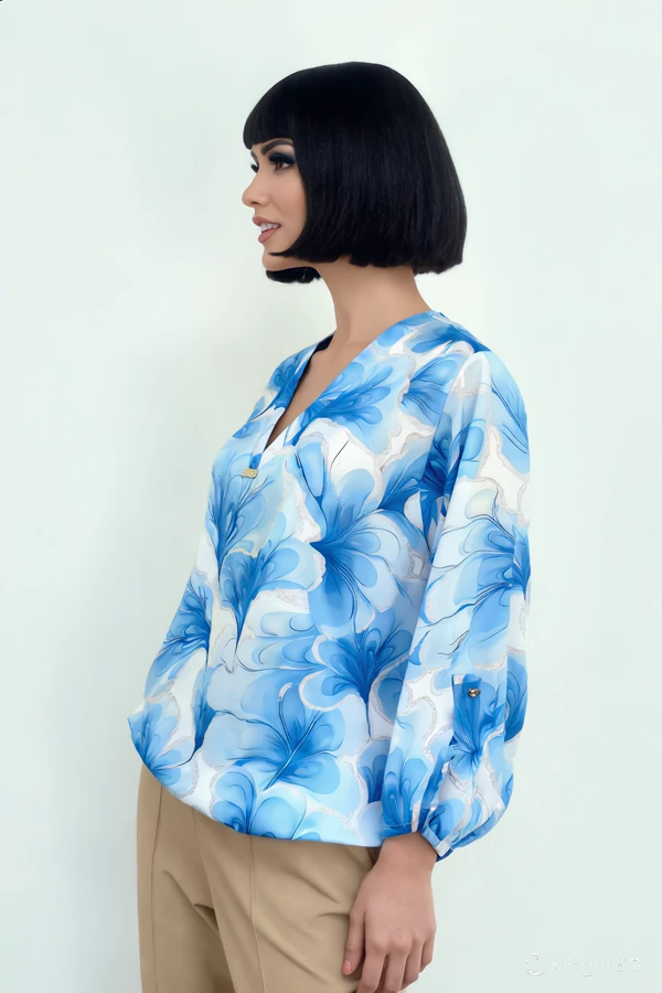 Kék színű elegáns, alkalmi gumis aljú női nyári mintás felső