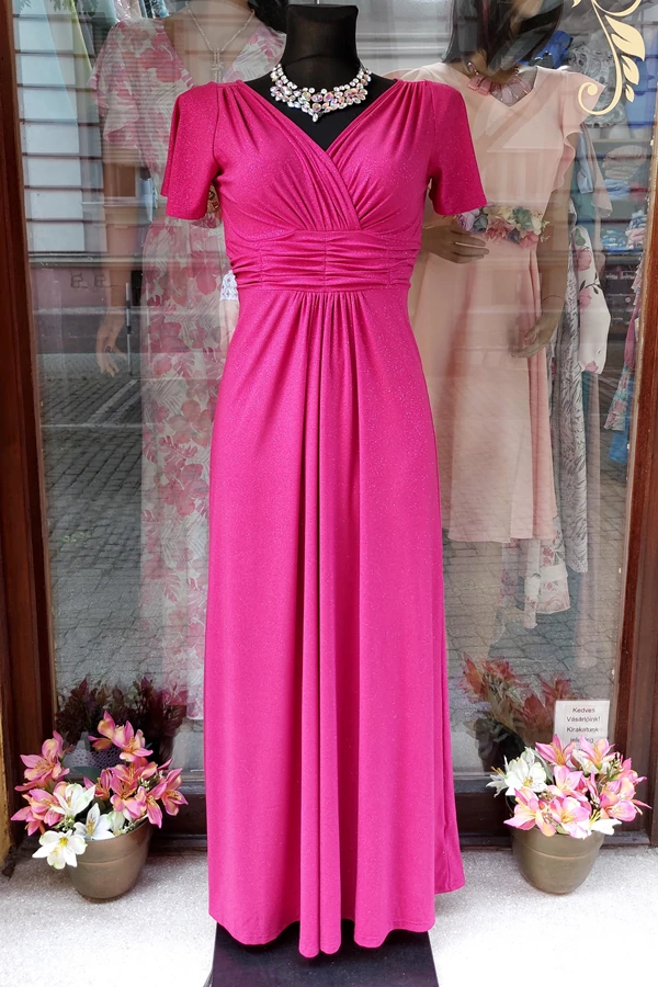 Elegáns csillámló pink pille ujjú maxi alkalmi női ruha