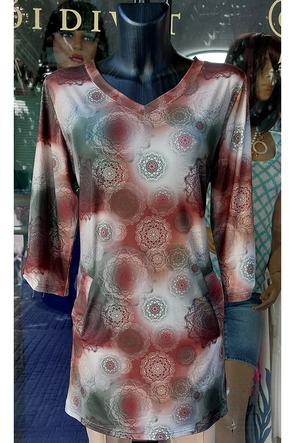 Zöld, barna, zsebes elegáns női tunika, felső Zöld, barna, zsebes elegáns női tunika, felső